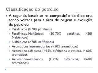 Classificação do petróleo
 A segunda, baseia-se na composição do óleo cru,
sendo voltada para a área de origem e evolução
do petróleo.
 Parafínicos (>70% parafinas)
 Parafínicos-Naftênicos (50-70% parafinas, >20?
Naftênicos)
 Naftênicos (>70% naftênicos)
 Aromáticos intermediários (>50% aromáticos)
 Aromático-asfálticos (>35% asfaltenos e resinas, > 60%
aromáticos
 Aromático-naftênicos. (>35% naftênicos, >60%
aromáticos)
 