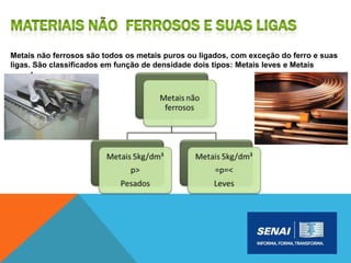 Metais não ferrosos são todos os metais puros ou ligados, com exceção do ferro e suas
ligas. São classificados em função de densidade dois tipos: Metais leves e Metais
pesados.
 