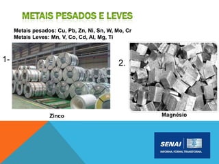 Metais pesados: Cu, Pb, Zn, Ni, Sn, W, Mo, Cr
Metais Leves: Mn, V, Co, Cd, Al, Mg, Ti
Metais pesados: Cu, Pb, Zn, Ni, Sn, W, Mo, Cr
Metais Leves: Mn, V, Co, Cd, Al, Mg, Ti
Magnésio
2.1-
Zinco
 