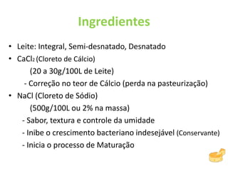 Ingredientes
• Leite: Integral, Semi-desnatado, Desnatado
• CaCl2 (Cloreto de Cálcio)
(20 a 30g/100L de Leite)
- Correção no teor de Cálcio (perda na pasteurização)
• NaCl (Cloreto de Sódio)
(500g/100L ou 2% na massa)
- Sabor, textura e controle da umidade
- Inibe o crescimento bacteriano indesejável (Conservante)
- Inicia o processo de Maturação
 