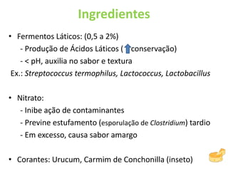 Ingredientes
• Fermentos Láticos: (0,5 a 2%)
- Produção de Ácidos Láticos ( conservação)
- < pH, auxilia no sabor e textura
Ex.: Streptococcus termophilus, Lactococcus, Lactobacillus
• Nitrato:
- Inibe ação de contaminantes
- Previne estufamento (esporulação de Clostridium) tardio
- Em excesso, causa sabor amargo
• Corantes: Urucum, Carmim de Conchonilla (inseto)
 