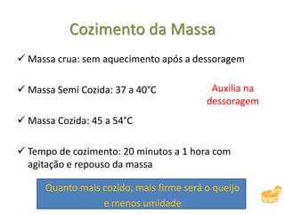 Cozimento da Massa
 Massa crua: sem aquecimento após a dessoragem
 Massa Semi Cozida: 37 a 40°C
 Massa Cozida: 45 a 54°C
 Tempo de cozimento: 20 minutos a 1 hora com
agitação e repouso da massa
Quanto mais cozido, mais firme será o queijo
e menos umidade
Auxilia na
dessoragem
 