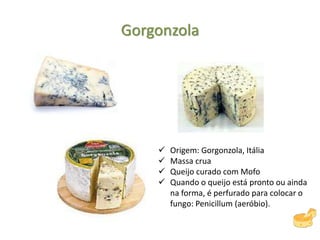 Gorgonzola
 Origem: Gorgonzola, Itália
 Massa crua
 Queijo curado com Mofo
 Quando o queijo está pronto ou ainda
na forma, é perfurado para colocar o
fungo: Penicillum (aeróbio).
 