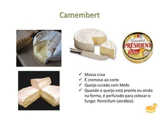 Camembert
 Massa crua
 É cremoso ao corte
 Queijo curado com Mofo
 Quando o queijo está pronto ou ainda
na forma, é perfurado para colocar o
fungo: Penicillum (aeróbio).
 