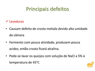 Principais defeitos
 Leveduras
• Causam defeito de crosta melada devida alta umidade
da câmara
• Fermento com pouca atividade, produzem pouca
acidez, então crosta ficará alcalina.
• Pode-se lavar os queijos com solução de NaCl a 5% à
temperatura de 45°C
 