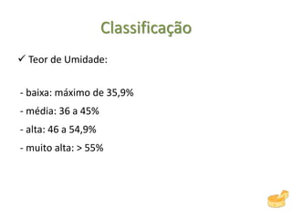 Classificação
 Teor de Umidade:
- baixa: máximo de 35,9%
- média: 36 a 45%
- alta: 46 a 54,9%
- muito alta: > 55%
 