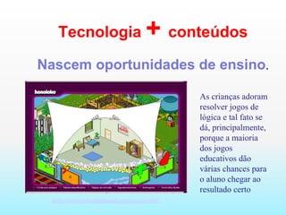 Tecnologia  +  conteúdos Nascem oportunidades de ensino . http://www.atividadeseducativas.com.br/   http://www.atividadeseducativas.com.br/   As crianças adoram resolver jogos de lógica e tal fato se dá, principalmente, porque a maioria dos jogos educativos dão várias chances para o aluno chegar ao resultado certo  