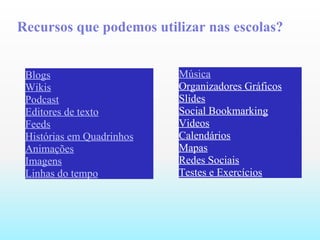 Blogs Wikis Podcast Editores de texto Feeds Histórias em Quadrinhos Animações Imagens Linhas do tempo Recursos que podemos utilizar nas escolas? Música Organizadores Gráficos Slides Social Bookmarking Videos Calendários Mapas Redes Sociais Testes e Exercícios 