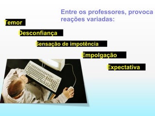 Entre os professores, provoca reações variadas: Expectativa Empolgação  Temor  Desconfiança  Sensação de impotência  