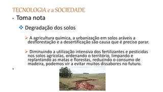 TECNOLOGIA e a SOCIEDADE
• Toma nota
 Degradação dos solos
 A agricultura química, a urbanização em solos aráveis a
desflorestação e a desertificação são causa que é preciso parar.
 Diminuindo a utilização intensiva dos fertilizantes e pesticidas
nos solos agrícolas, ordenando o território, limpando e
replantando as matas e florestas, reduzindo o consumo de
madeira, podemos vir a evitar muitos dissabores no futuro.
•
 
