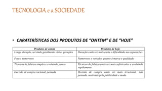 TECNOLOGIA e a SOCIEDADE
• CARATERÍSTICAS DOS PRODUTOS DE “ONTEM” E DE “HOJE”
Produtos de ontem Produtos de hoje
Longa duração, servindo geralmente várias gerações Duração cada vez mais curta e dificuldade nas reparações
Pouco numerosos Numerosos e variados quanto à marca e qualidade
Técnicas de fabrico simples e evoluindo pouco Técnicas de fabrico cada vez mais sofisticadas e evoluindo
rapidamente
Decisão de compra racional, pensada Decisão de compra cada vez mais irracional, não
pensada, motivada pela publicidade e moda
 