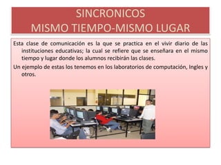 SINCRONICOSMISMO TIEMPO-MISMO LUGAREsta clase de comunicación es la que se practica en el vivir diario de las instituciones educativas; la cual se refiere que se enseñara en el mismo tiempo y lugar donde los alumnos recibirán las clases.Un ejemplo de estas los tenemos en los laboratorios de computación, Ingles y otros.