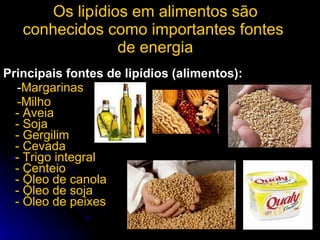 Os lipídios em alimentos são conhecidos como importantes fontes  de energia Principais fontes de lipídios (alimentos):   - Margarinas -Milho - Aveia - Soja - Gergilim - Cevada - Trigo integral - Centeio - Óleo de canola - Óleo de soja - Óleo de peixes 