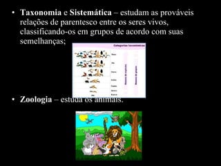 Taxonomia  e  Sistemática  – estudam as prováveis relações de parentesco entre os seres vivos, classificando-os em grupos de acordo com suas semelhanças; Zoologia  – estuda os animais. 