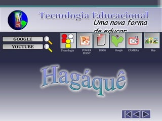 Uma nova forma
                               de educar
                                ___

GOOGLE                          ___
                                ___
                                                 
                                ___

YOUTUBE
          Tecnologia   POWER    BLOG   Google   CÂMERA   Hqs
                       POINT
 