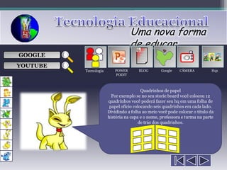 Uma nova forma
                                  de educar
                                       ___

GOOGLE                                 ___
                                       ___
                                                              
                                       ___

YOUTUBE
          Tecnologia      POWER        BLOG       Google    CÂMERA          Hqs
                          POINT



                                         Quadrinhos de papel
                         Por exemplo se no seu storie board você colocou 12
                       quadrinhos você poderá fazer seu hq em uma folha de
                        papel ofício colocando seis quadrinhos em cada lado.
                       Dividindo a folha ao meio você pode colocar o título da
                       história na capa e o nome, professora e turma na parte
                                       de trás dos quadrinhos.
 