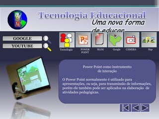 Uma nova forma
                               de educar
                                  ___

GOOGLE                            ___
                                  ___
                                                     
                                  ___

YOUTUBE
          Tecnologia   POWER     BLOG      Google   CÂMERA       Hqs
                       POINT




                        Power Point como instrumento
                                de interação

            O Power Point normalmente é utilizado para
            apresentações, ou seja, para transmissão de informações,
            porém ele também pode ser aplicados na elaboração de
            atividades pedagógicas.
 
