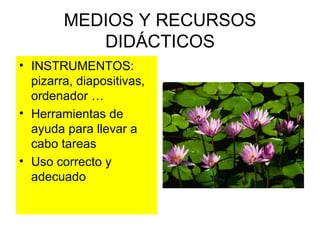 MEDIOS Y RECURSOS DIDÁCTICOS INSTRUMENTOS: pizarra, diapositivas, ordenador … Herramientas de ayuda para llevar a cabo tareas Uso correcto y adecuado 