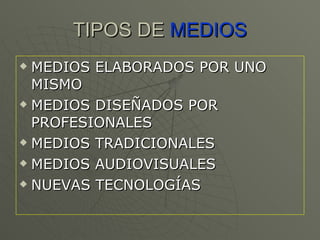TIPOS DE  MEDIOS MEDIOS ELABORADOS POR UNO MISMO MEDIOS DISEÑADOS POR PROFESIONALES MEDIOS TRADICIONALES MEDIOS AUDIOVISUALES NUEVAS TECNOLOGÍAS 