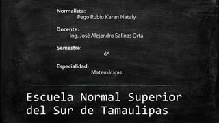 Escuela Normal Superior
del Sur de Tamaulipas
Normalista:
Pego Rubio Karen Nataly
Docente:
Ing. José Alejandro Salinas Orta
Semestre:
6°
Especialidad:
Matemáticas
 