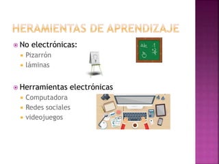  No electrónicas:
 Pizarrón
 láminas
 Herramientas electrónicas
 Computadora
 Redes sociales
 videojuegos
 