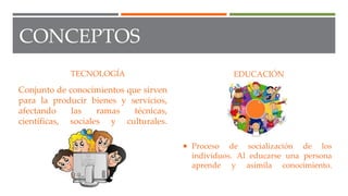 TECNOLOGÍA EDUCACIÓN
 Proceso de socialización de los
individuos. Al educarse una persona
aprende y asimila conocimiento.
Conjunto de conocimientos que sirven
para la producir bienes y servicios,
afectando las ramas técnicas,
científicas, sociales y culturales.
CONCEPTOS
 