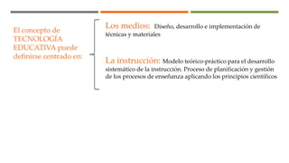 El concepto de
TECNOLOGÍA
EDUCATIVA puede
definirse centrado en:
Los medios: Diseño, desarrollo e implementación de
técnicas y materiales
La instrucción: Modelo teórico-práctico para el desarrollo
sistemático de la instrucción. Proceso de planificación y gestión
de los procesos de enseñanza aplicando los principios científicos
 