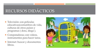 RECURSOS DIDÁCTICOS
 Televisión: con películas
educativas(costumbres de vida,
culturas de otros países y
programas ( dora, diego ).
 Computadoras; con videos,
instrumentos para hacer tarea.
 Internet: buscar y documentos
libros.
 
