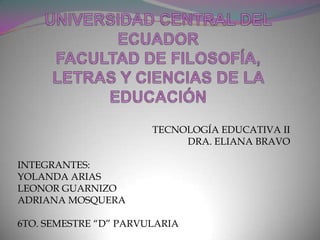 UNIVERSIDAD CENTRAL DEL ECUADORFACULTAD DE FILOSOFÍA, LETRAS Y CIENCIAS DE LA EDUCACIÓN TECNOLOGÍA EDUCATIVA II DRA. ELIANA BRAVO INTEGRANTES: YOLANDA ARIAS LEONOR GUARNIZO ADRIANA MOSQUERA 6TO. SEMESTRE “D” PARVULARIA 