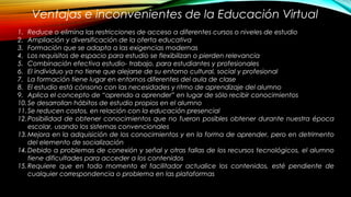 Ventajas e inconvenientes de la Educación Virtual
1. Reduce o elimina las restricciones de acceso a diferentes cursos o niveles de estudio
2. Ampliación y diversificación de la oferta educativa
3. Formación que se adapta a las exigencias modernas
4. Los requisitos de espacio para estudio se flexibilizan o pierden relevancia
5. Combinación efectiva estudio- trabajo, para estudiantes y profesionales
6. El individuo ya no tiene que alejarse de su entorno cultural, social y profesional
7. La formación tiene lugar en entornos diferentes del aula de clase
8. El estudio está cónsono con las necesidades y ritmo de aprendizaje del alumno
9. Aplica el concepto de “aprendo a aprender” en lugar de sólo recibir conocimientos
10.Se desarrollan hábitos de estudio propios en el alumno
11.Se reducen costos, en relación con la educación presencial
12.Posibilidad de obtener conocimientos que no fueron posibles obtener durante nuestra época
escolar, usando los sistemas convencionales
13.Mejora en la adquisición de los conocimientos y en la forma de aprender, pero en detrimento
del elemento de socialización
14.Debido a problemas de conexión y señal y otras fallas de los recursos tecnológicos, el alumno
tiene dificultades para acceder a los contenidos
15.Requiere que en todo momento el facilitador actualice los contenidos, esté pendiente de
cualquier correspondencia o problema en las plataformas
 