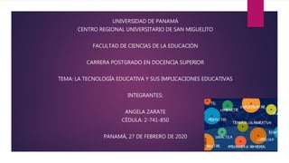 UNIVERSIDAD DE PANAMÁ
CENTRO REGIONAL UNIVERSITARIO DE SAN MIGUELITO
FACULTAD DE CIENCIAS DE LA EDUCACIÓN
CARRERA POSTGRADO EN DOCENCIA SUPERIOR
TEMA: LA TECNOLOGÍA EDUCATIVA Y SUS IMPLICACIONES EDUCATIVAS
INTEGRANTES:
ANGELA ZARATE
CÉDULA: 2-741-850
PANAMÁ, 27 DE FEBRERO DE 2020
 