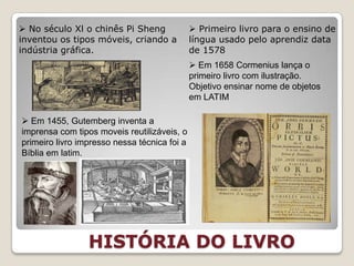  No século Xl o chinês Pi Sheng               Primeiro livro para o ensino de
inventou os tipos móveis, criando a           língua usado pelo aprendiz data
indústria gráfica.                            de 1578
                                               Em 1658 Cormenius lança o
                                              primeiro livro com ilustração.
                                              Objetivo ensinar nome de objetos
                                              em LATIM

 Em 1455, Gutemberg inventa a
imprensa com tipos moveis reutilizáveis, o
primeiro livro impresso nessa técnica foi a
Bíblia em latim.




                 HISTÓRIA DO LIVRO
 