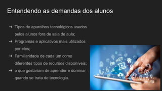 Entendendo as demandas dos alunos
➔ Tipos de aparelhos tecnológicos usados
pelos alunos fora de sala de aula;
➔ Programas e aplicativos mais utilizados
por eles;
➔ Familiaridade de cada um como
diferentes tipos de recursos disponíveis;
➔ o que gostariam de aprender e dominar
quando se trata de tecnologia.
 