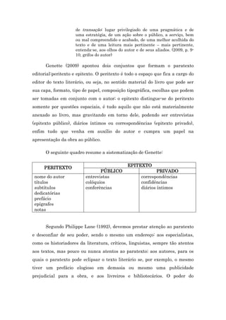 de transação: lugar privilegiado de uma pragmática e de
uma estratégia, de um ação sobre o público, a serviço, bem
ou mal compreendido e acabado, de uma melhor acolhida do
texto e de uma leitura mais pertinente – mais pertinente,
entenda-se, aos olhos do autor e de seus aliados. (2009, p. 9-
10, grifos do autor)
Genette (2009) apontou dois conjuntos que formam o paratexto
editorial:peritexto e epitexto. O peritexto é todo o espaço que fica a cargo do
editor do texto literário, ou seja, no sentido material do livro que pode ser
sua capa, formato, tipo de papel, composição tipográfica, escolhas que podem
ser tomadas em conjunto com o autor; o epitexto distingue-se do peritexto
somente por questões espaciais, é tudo aquilo que não está materialmente
anexado ao livro, mas gravitando em torno dele, podendo ser entrevistas
(epitexto público), diários íntimos ou correspondências (epitexto privado),
enfim tudo que venha em auxílio do autor e cumpra um papel na
apresentação da obra ao público.
O seguinte quadro resume a sistematização de Genette:
PERITEXTO
EPITEXTO
PÚBLICO PRIVADO
nome do autor
títulos
subtítulos
dedicatórias
prefácio
epígrafes
notas
entrevistas
colóquios
conferências
correspondências
confidências
diários íntimos
Segundo Philippe Lane (1992), devemos prestar atenção ao paratexto
e desconfiar de seu poder, sendo o mesmo um endereço: aos especialistas,
como os historiadores da literatura, críticos, linguistas, sempre tão atentos
aos textos, mas pouco ou nunca atentos ao paratexto; aos autores, para os
quais o paratexto pode eclipsar o texto literário se, por exemplo, o mesmo
tiver um prefácio elogioso em demasia ou mesmo uma publicidade
prejudicial para a obra, e aos livreiros e bibliotecários. O poder do
 