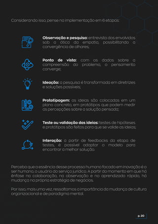 Considerando isso, pense na implementação em 6 etapas:
Perceba que a essência desse processo humano focado em inovação é o
ser humano, o usuário do serviço jurídico. A partir do momento em que há
ênfase na colaboração, na observação e no aprendizado rápido, há
mudança na própria estratégia de negócios.
Por isso, mais uma vez, ressaltamos a importância da mudança de cultura
organizacional e de paradigma mental.
p. 20
Observação e pesquisa: entrevista dos envolvidos
sob a ótica da empatia, possibilitando a
convergência de olhares;
Ponto de vista: com os dados sobre a
compreensão do problema, o pensamento
converge;
Ideação: a pesquisa é transformada em diretrizes
e soluções possíveis;
Prototipagem: as ideias são colocadas em um
plano concreto, em protótipos que podem medir
as percepções sobre a solução pensada;
Teste ou validação das ideias: testes de hipóteses
e protótipos são feitos para que se valide as ideias;
Interação: a partir de feedbacks da etapa de
testes, é possível adaptar o modelo para
encontrar a melhor solução.
 