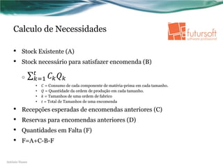Calculo de Necessidades

    •    Stock Existente (A)


                ∑  
    •    Stock necessário para satisfazer encomenda (B)

                 =1
                       = Consumo de cada componente de matéria-prima em cada tamanho.
         o

                       = Quantidade da ordem de produção em cada tamanho.
                  •

                       = Tamanhos de uma ordem de fabrico
                  •

                       = Total de Tamanhos de uma encomenda
                  •
                  •

    •    Recepções esperadas de encomendas anteriores (C)
    •    Reservas para encomendas anteriores (D)
    •    Quantidades em Falta (F)
    •    F=A+C-B-F


António Nunes
 