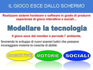 IL GIOCO ESCE DALLO SCHERMO
Realizzare sistemi hardware e software in grado di produrre
esperienze di gioco interattive e sociali…

Il gioco esce dal monitor e pervade l’ambiente,
favorendo lo sviluppo di nuovi scenari ludici che possano
incoraggiare insieme la crescita di abilità:

 