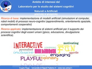 Ambito di interessi del
Laboratorio per lo studio dei sistemi cognitivi
Naturali e Artificiali
Ricerca di base: implementazione di modelli artificiali (simulazioni al computer,
robot mobili) di processi neuro-cognitivi (apprendimento, orientamento spaziale,
comportamenti cooperativi)
Ricerca applicata: implementazione di sistemi artificiali per il supporto dei
processi cognitivi degli esseri umani (gioco, educazione, divulgazione
scientifica).

Angelo Rega - Università di Napoli Federico II – www.nac.unina.it -

 