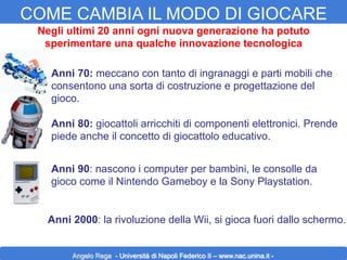 COME CAMBIA IL MODO DI GIOCARE
Negli ultimi 20 anni ogni nuova generazione ha potuto
sperimentare una qualche innovazione tecnologica
Anni 70: meccano con tanto di ingranaggi e parti mobili che
consentono una sorta di costruzione e progettazione del
gioco.
Anni 80: giocattoli arricchiti di componenti elettronici. Prende
piede anche il concetto di giocattolo educativo.
Anni 90: nascono i computer per bambini, le consolle da
gioco come il Nintendo Gameboy e la Sony Playstation.
Anni 2000: la rivoluzione della Wii, si gioca fuori dallo schermo.

Angelo Rega - Università di Napoli Federico II – www.nac.unina.it -

 