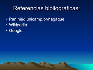 Referencias bibliográficas: Pan.nied.unicamp.br/hagaque Wikipedia Google 