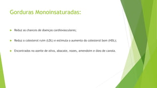 Gorduras Monoinsaturadas:
 Reduz as chances de doenças cardiovasculares;
 Reduz o colesterol ruim (LDL) e estimula o aumento do colesterol bom (HDL);
 Encontrados no azeite de oliva, abacate, nozes, amendoim e óleo de canola.
 