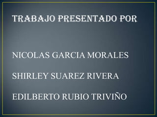 TRABAJO PRESENTADO POR


NICOLAS GARCIA MORALES

SHIRLEY SUAREZ RIVERA

EDILBERTO RUBIO TRIVIÑO
 