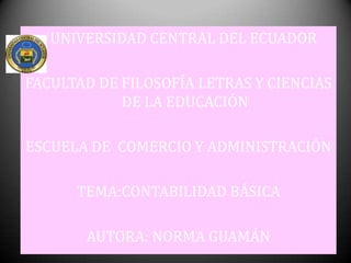 UNIVERSIDAD CENTRAL DEL ECUADOR

FACULTAD DE FILOSOFÍA LETRAS Y CIENCIAS
            DE LA EDUCACIÓN

ESCUELA DE COMERCIO Y ADMINISTRACIÓN

      TEMA:CONTABILIDAD BÁSICA

       AUTORA: NORMA GUAMÁN
 