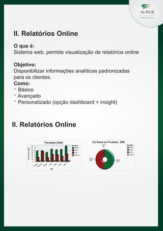 II. Relatórios Online
O que é:
Sistema web, permite visualização de relatórios online
Objetivo:
Disponibilizar informações analíticas padronizadas
para os clientes.
Como:
Básico
Avançado
Personalizado (opção dashboard + insight)

II. Relatórios Online

 