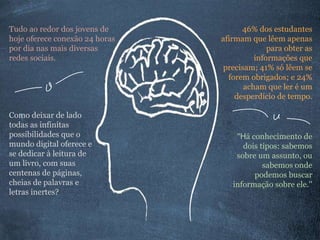 Tudo ao redor dos jovens de
hoje oferece conexão 24 horas
por dia nas mais diversas
redes sociais.
Como deixar de lado
todas as infinitas
possibilidades que o
mundo digital oferece e
se dedicar à leitura de
um livro, com suas
centenas de páginas,
cheias de palavras e
letras inertes?
46% dos estudantes
afirmam que lêem apenas
para obter as
informações que
precisam; 41% só lêem se
forem obrigados; e 24%
acham que ler é um
desperdício de tempo.
''Há conhecimento de
dois tipos: sabemos
sobre um assunto, ou
sabemos onde
podemos buscar
informação sobre ele.''
 