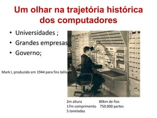 Um olhar na trajetória histórica dos computadoresUniversidades ;Grandes empresas;Governo;Mark I, produzido em 1944 para fins bélicos2m altura                   80km de fios17m comprimento    750.000 partes5 toneladas                 