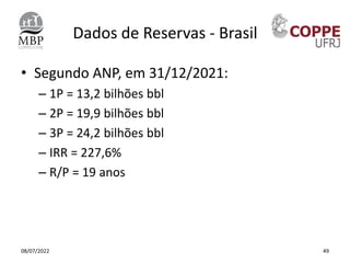 Dados de Reservas - Brasil
• Segundo ANP, em 31/12/2021:
– 1P = 13,2 bilhões bbl
– 2P = 19,9 bilhões bbl
– 3P = 24,2 bilhõ...