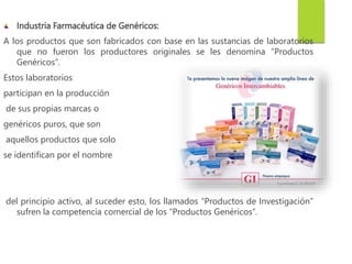 Industria Farmacéutica de Genéricos:
A los productos que son fabricados con base en las sustancias de laboratorios
que no fueron los productores originales se les denomina “Productos
Genéricos”.
Estos laboratorios
participan en la producción
de sus propias marcas o
genéricos puros, que son
aquellos productos que solo
se identifican por el nombre
del principio activo, al suceder esto, los llamados “Productos de Investigación”
sufren la competencia comercial de los “Productos Genéricos”.
 