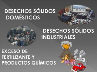 DESECHOS SÓLIDOS
DOMÉSTICOS

              DESECHOS SÓLIDOS
             INDUSTRIALES

EXCESO DE
FERTILIZANTE Y
PRODUCTOS QUÍMICOS
 