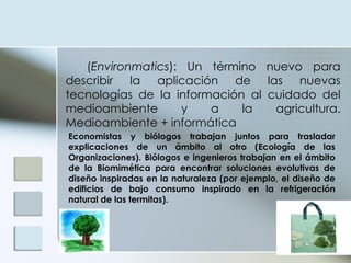 ( Environmatics ): Un término nuevo para describir la aplicación de las nuevas tecnologías de la información al cuidado del medioambiente y a la agricultura. Medioambiente + informática  Economistas y biólogos trabajan juntos para trasladar explicaciones de un ámbito al otro (Ecología de las Organizaciones). Biólogos e ingenieros trabajan en el ámbito de la Biomimética para encontrar soluciones evolutivas de diseño inspiradas en la naturaleza (por ejemplo, el diseño de edificios de bajo consumo inspirado en la refrigeración natural de las termitas).  
